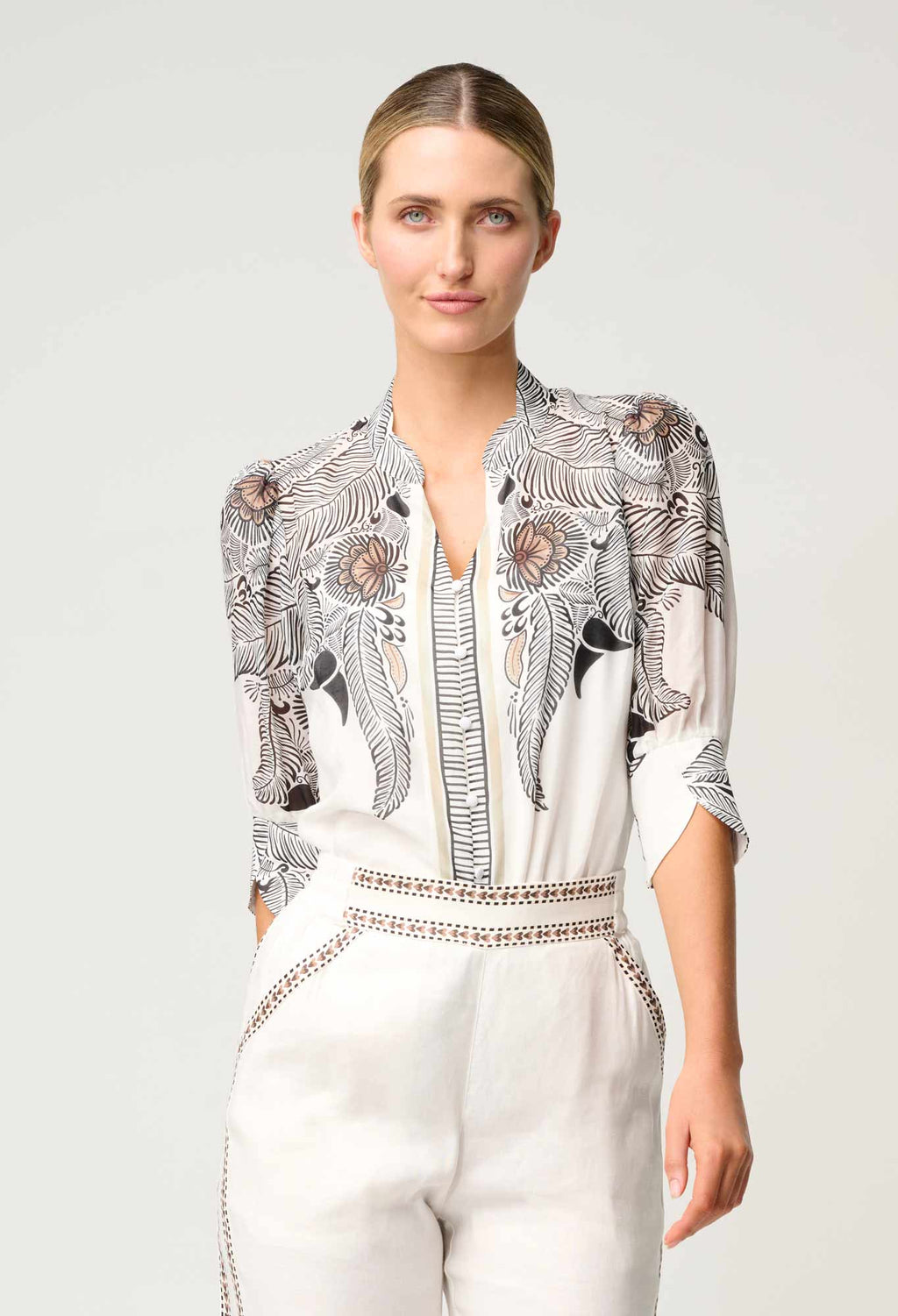 Shop Oncewas Leila Silk Cotton Print Curved Collar Shirt in Ivory Casablanca - OnceWas