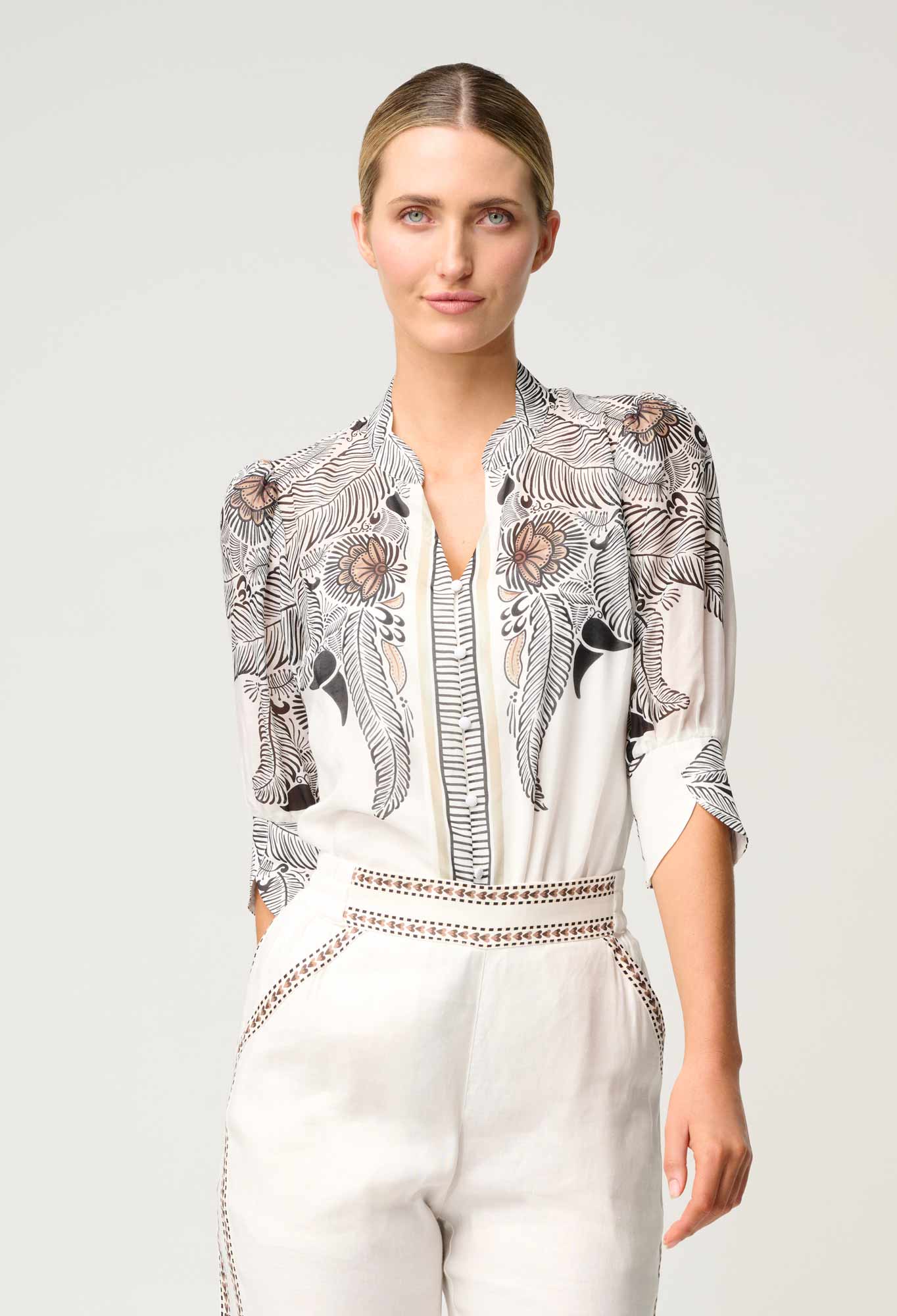 Shop Oncewas Leila Silk Cotton Print Curved Collar Shirt in Ivory Casablanca - OnceWas