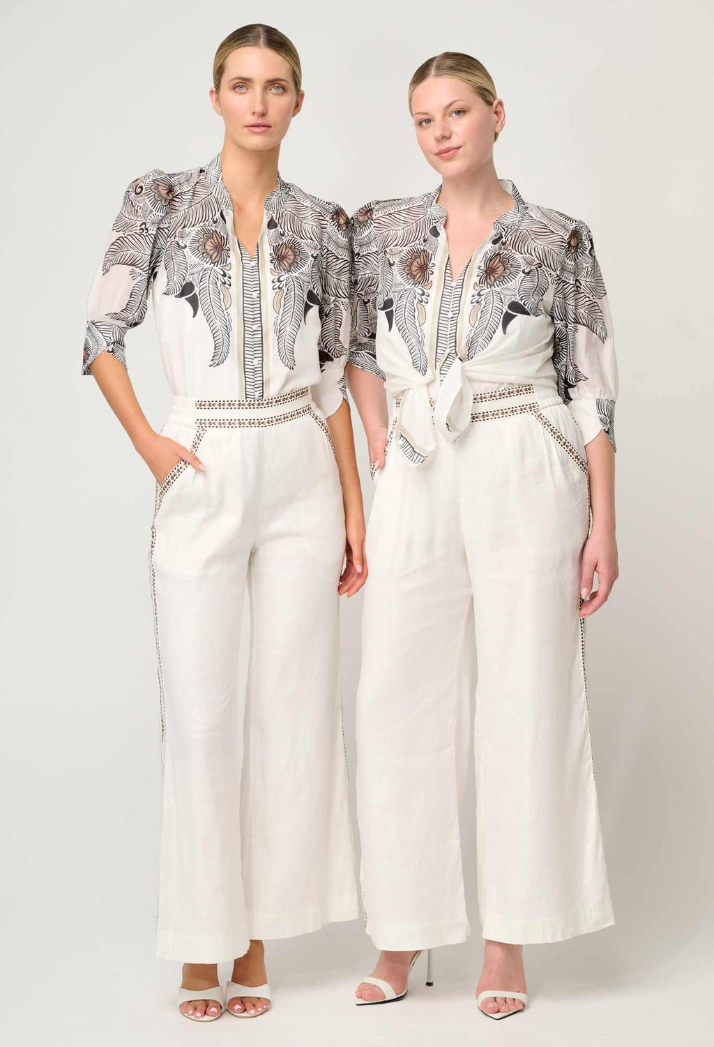 Shop Oncewas Leila Silk Cotton Print Curved Collar Shirt in Ivory Casablanca - OnceWas