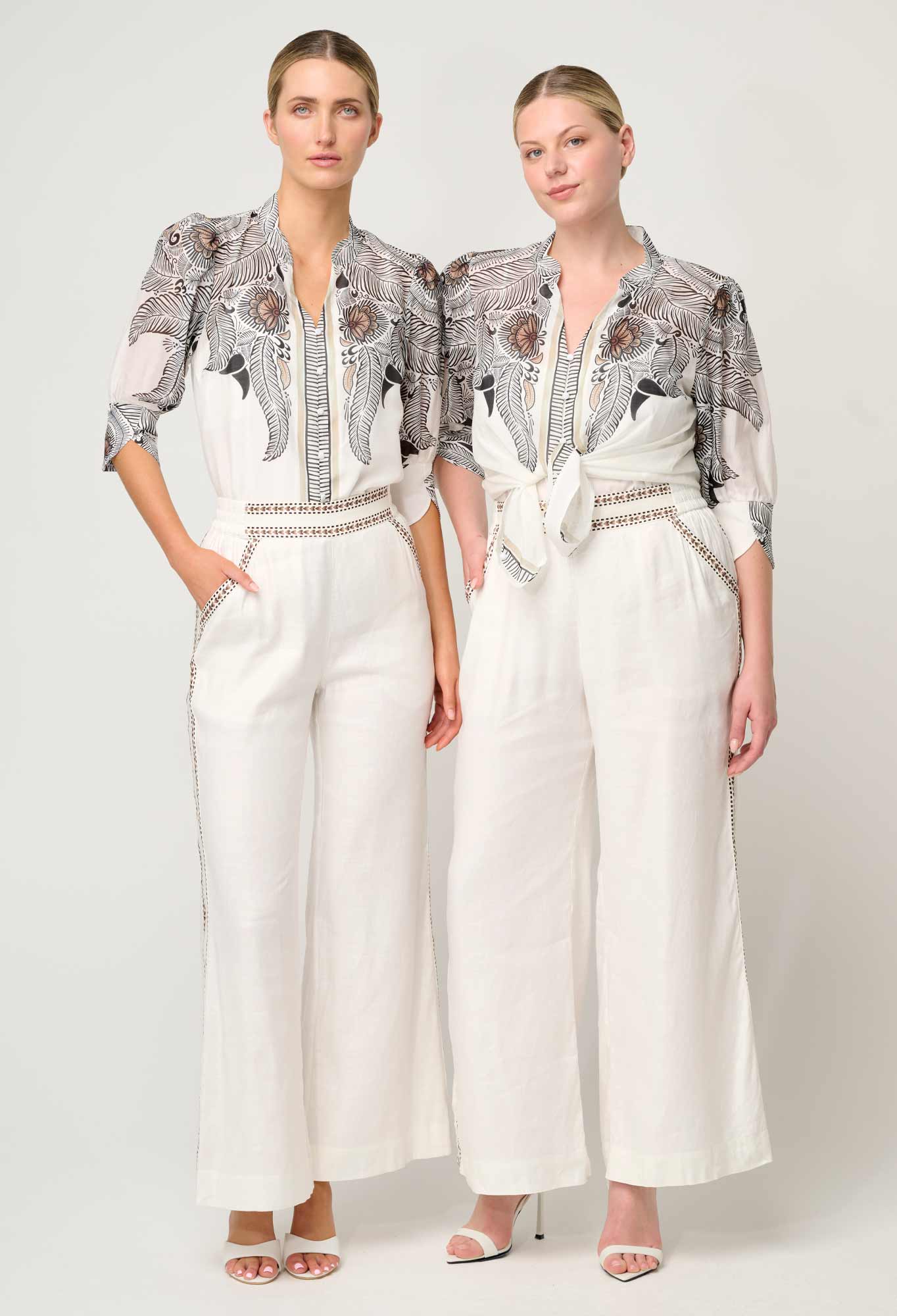 Shop Oncewas Leila Silk Cotton Print Curved Collar Shirt in Ivory Casablanca - OnceWas