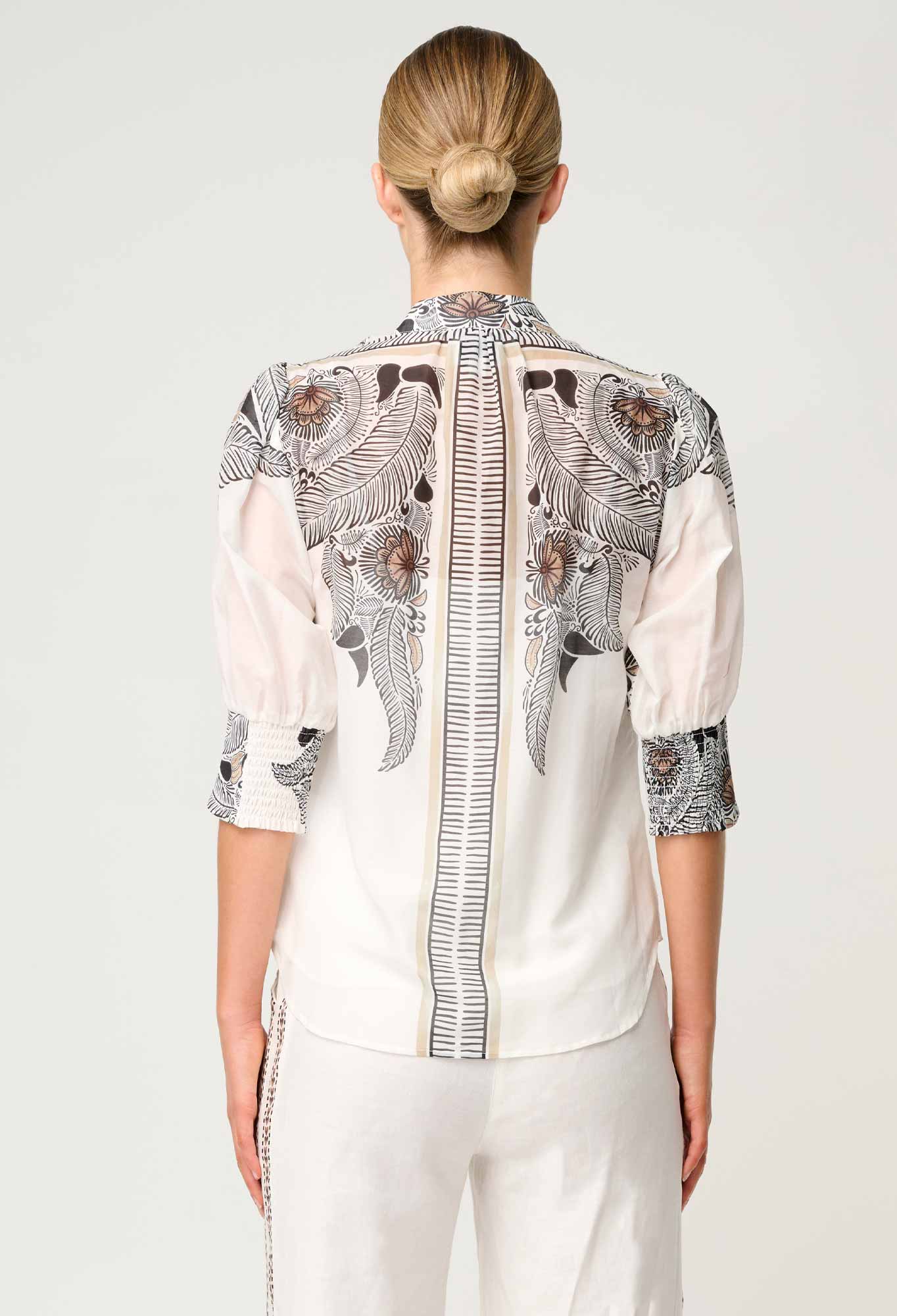 Shop Oncewas Leila Silk Cotton Print Curved Collar Shirt in Ivory Casablanca - OnceWas