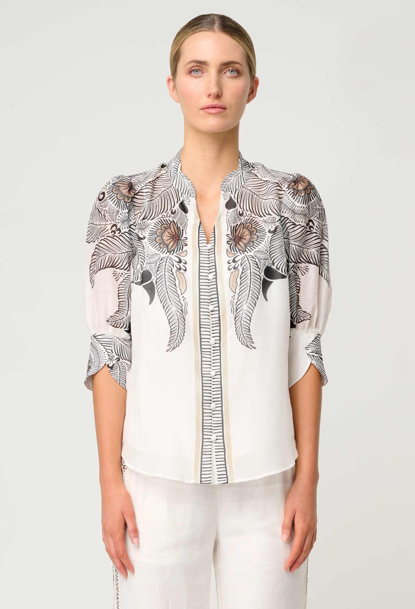 Shop Oncewas Leila Silk Cotton Print Curved Collar Shirt in Ivory Casablanca - OnceWas