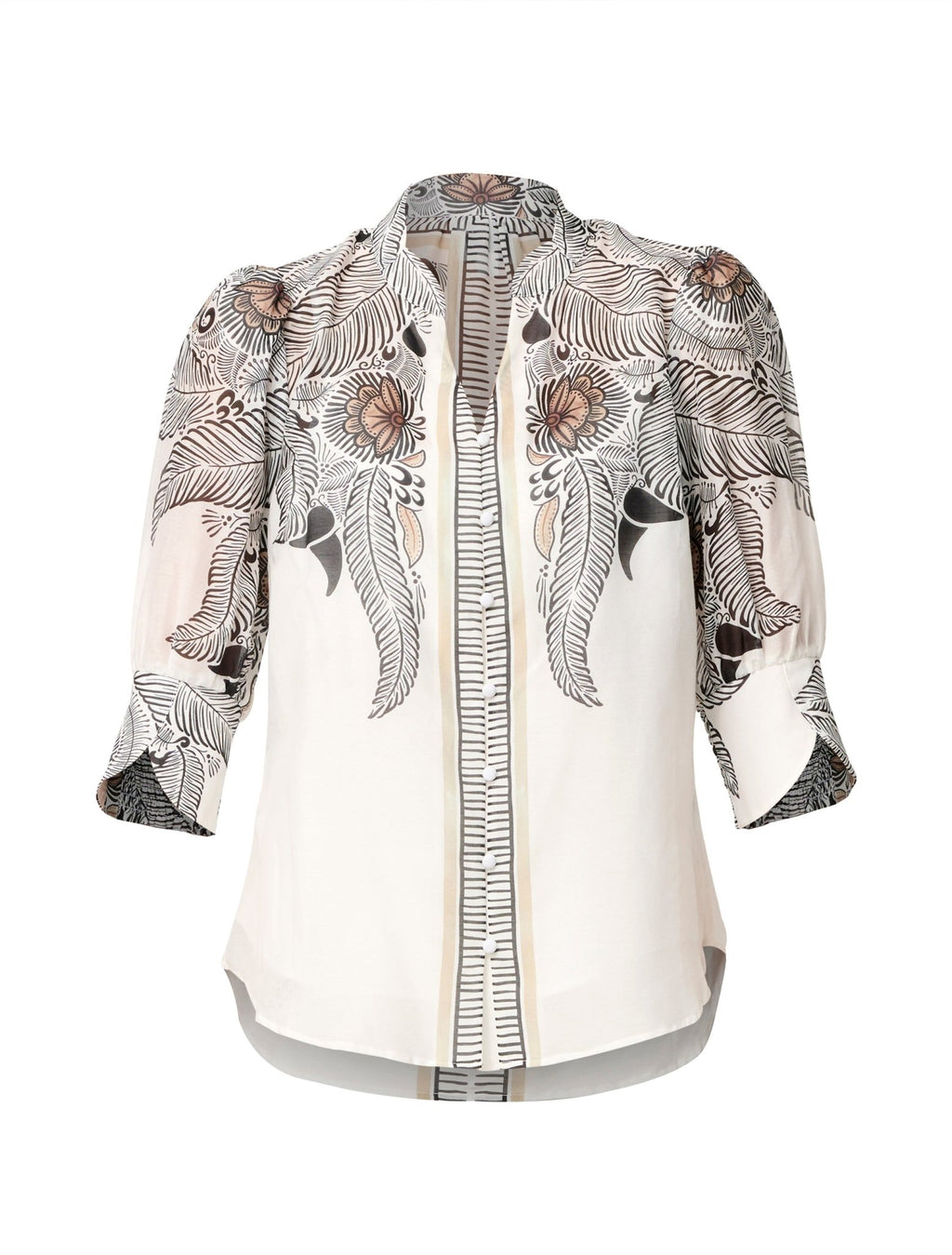 Shop Oncewas Leila Silk Cotton Print Curved Collar Shirt in Ivory Casablanca - OnceWas