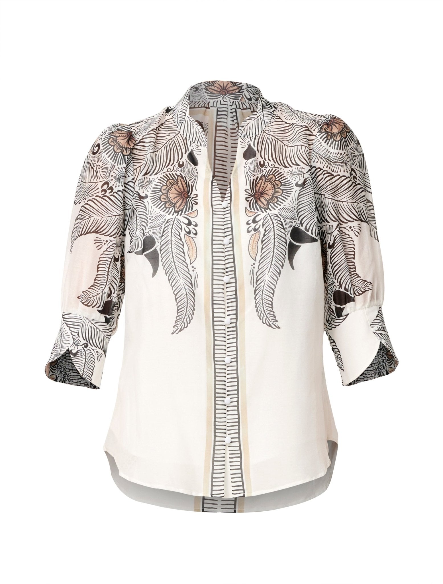 Shop Oncewas Leila Silk Cotton Print Curved Collar Shirt in Ivory Casablanca - OnceWas