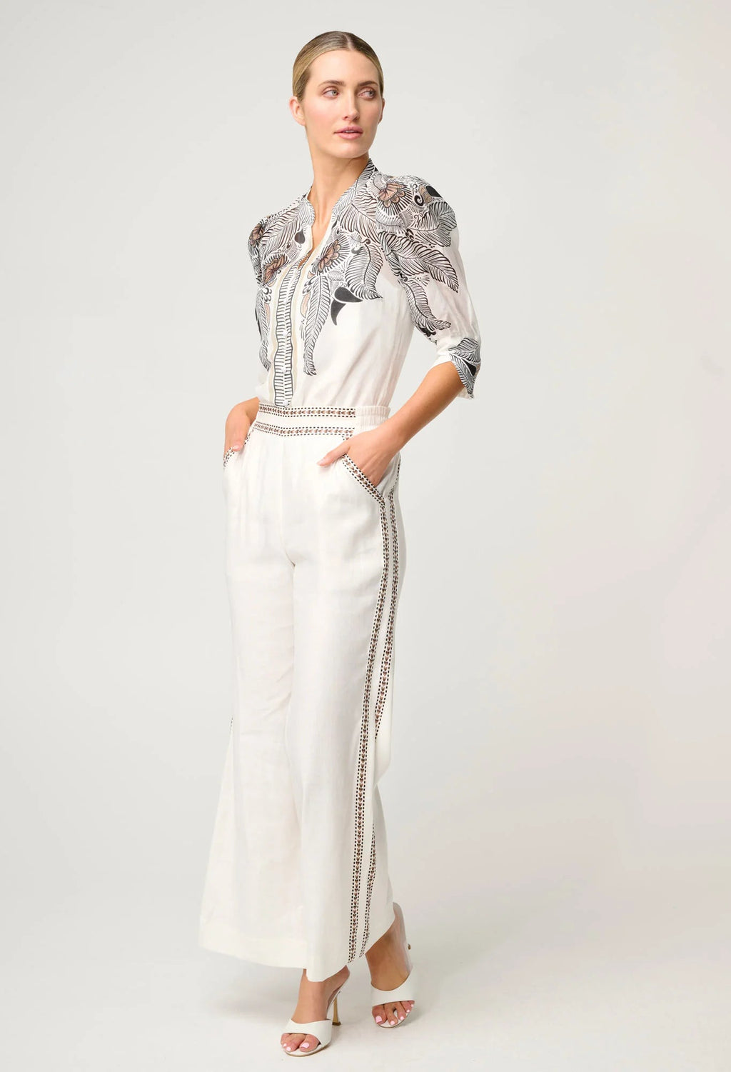 Shop Oncewas Leila Silk Cotton Print Curved Collar Shirt in Ivory Casablanca - OnceWas