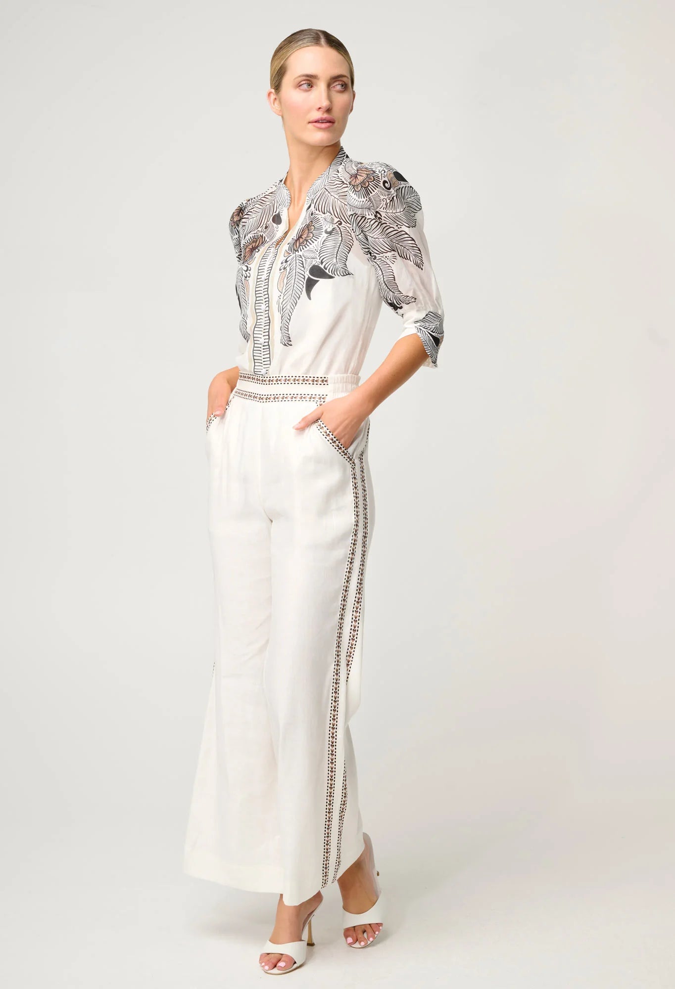 Shop Oncewas Leila Silk Cotton Print Curved Collar Shirt in Ivory Casablanca - OnceWas