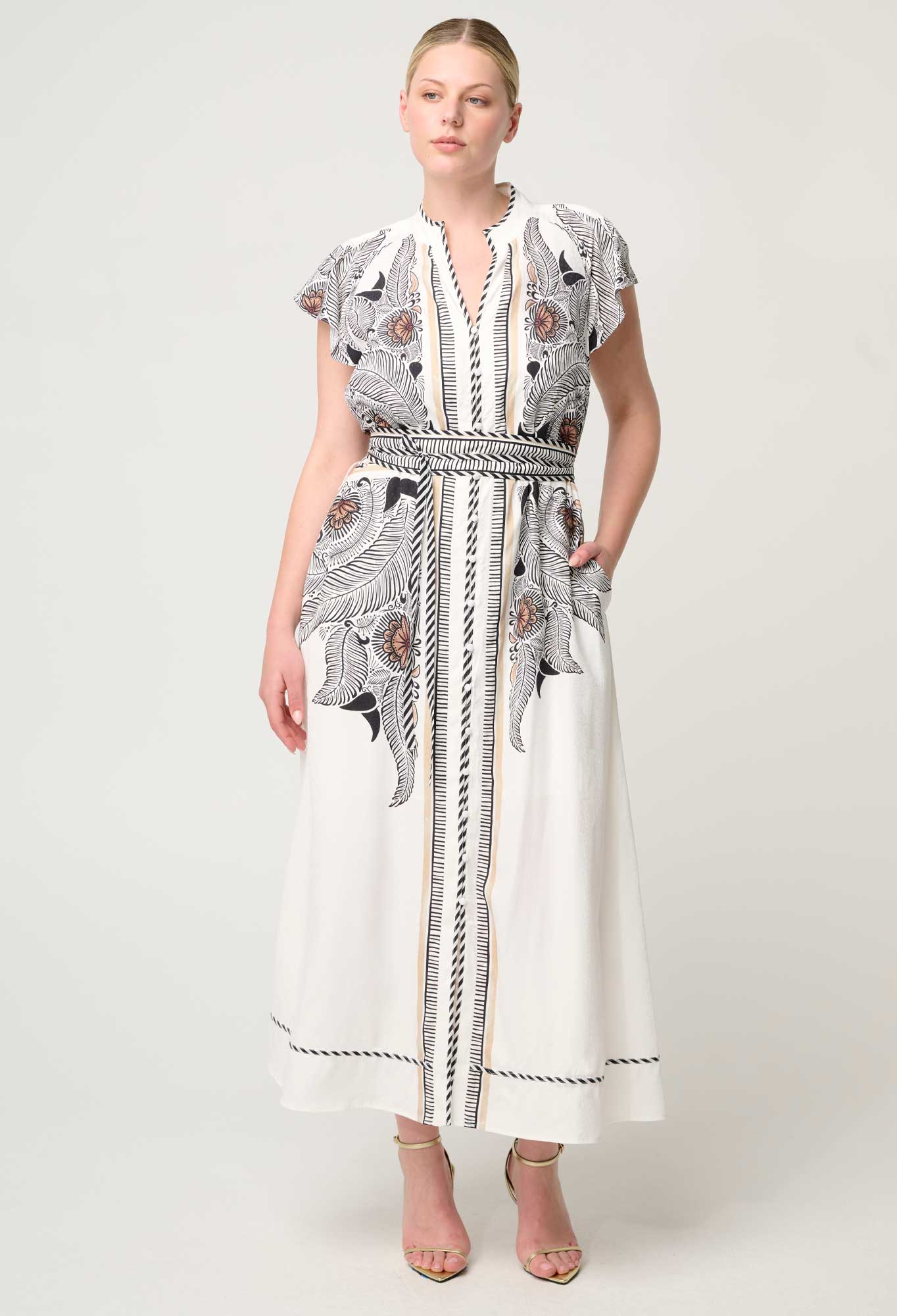 Shop Oncewas Malika Viscose Dobby Flutter Sleeve Dress - OnceWas