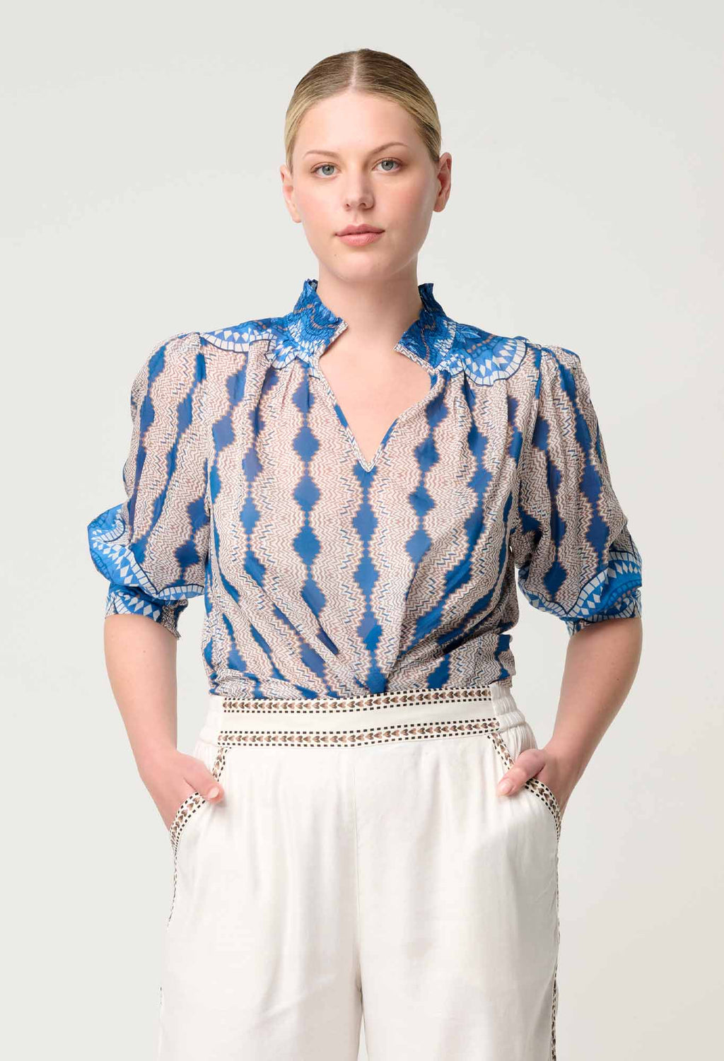 Shop Oncewas Oleander Cotton Silk Blouse in Marrakech Topaz - OnceWas