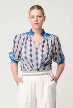 Shop Oncewas Oleander Cotton Silk Blouse in Marrakech Topaz - OnceWas