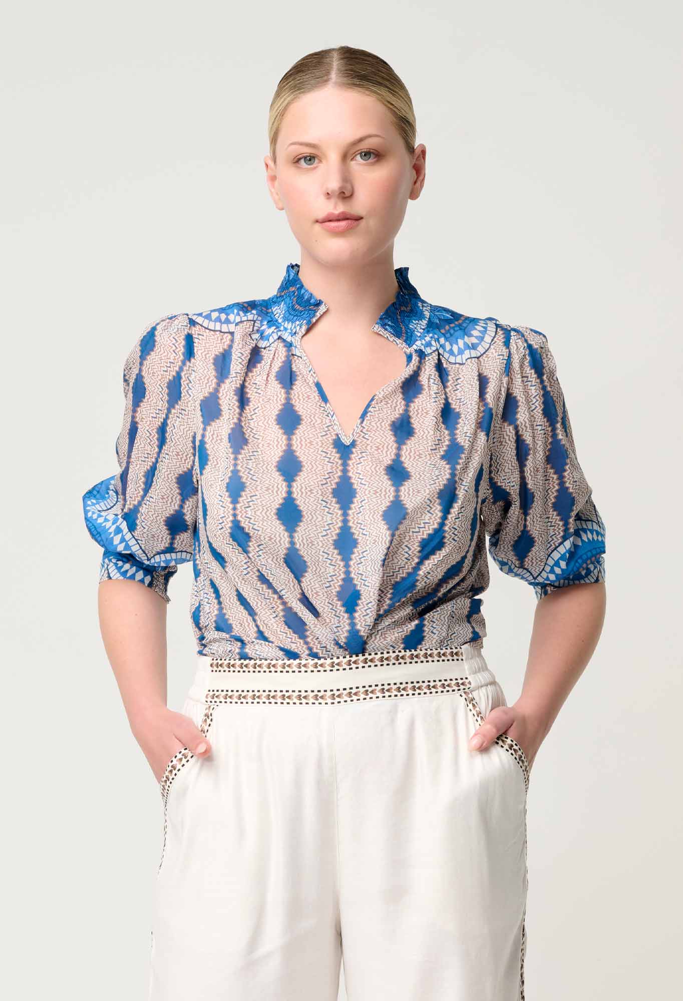 Shop Oncewas Oleander Cotton Silk Blouse in Marrakech Topaz - OnceWas