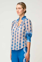 Shop Oncewas Oleander Cotton Silk Blouse in Marrakech Topaz - OnceWas