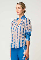 Shop Oncewas Oleander Cotton Silk Blouse in Marrakech Topaz - OnceWas
