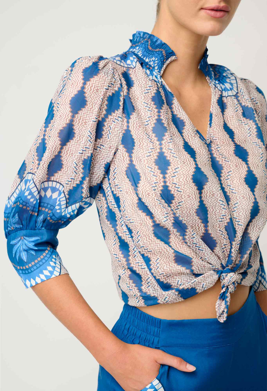 Shop Oncewas Oleander Cotton Silk Blouse in Marrakech Topaz - OnceWas