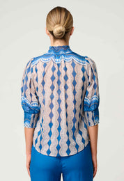 Shop Oncewas Oleander Cotton Silk Blouse in Marrakech Topaz - OnceWas