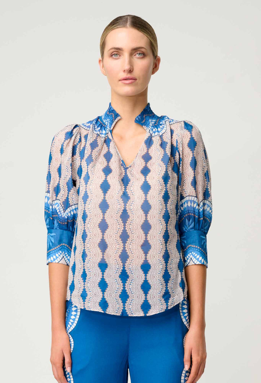 Shop Oncewas Oleander Cotton Silk Blouse in Marrakech Topaz - OnceWas