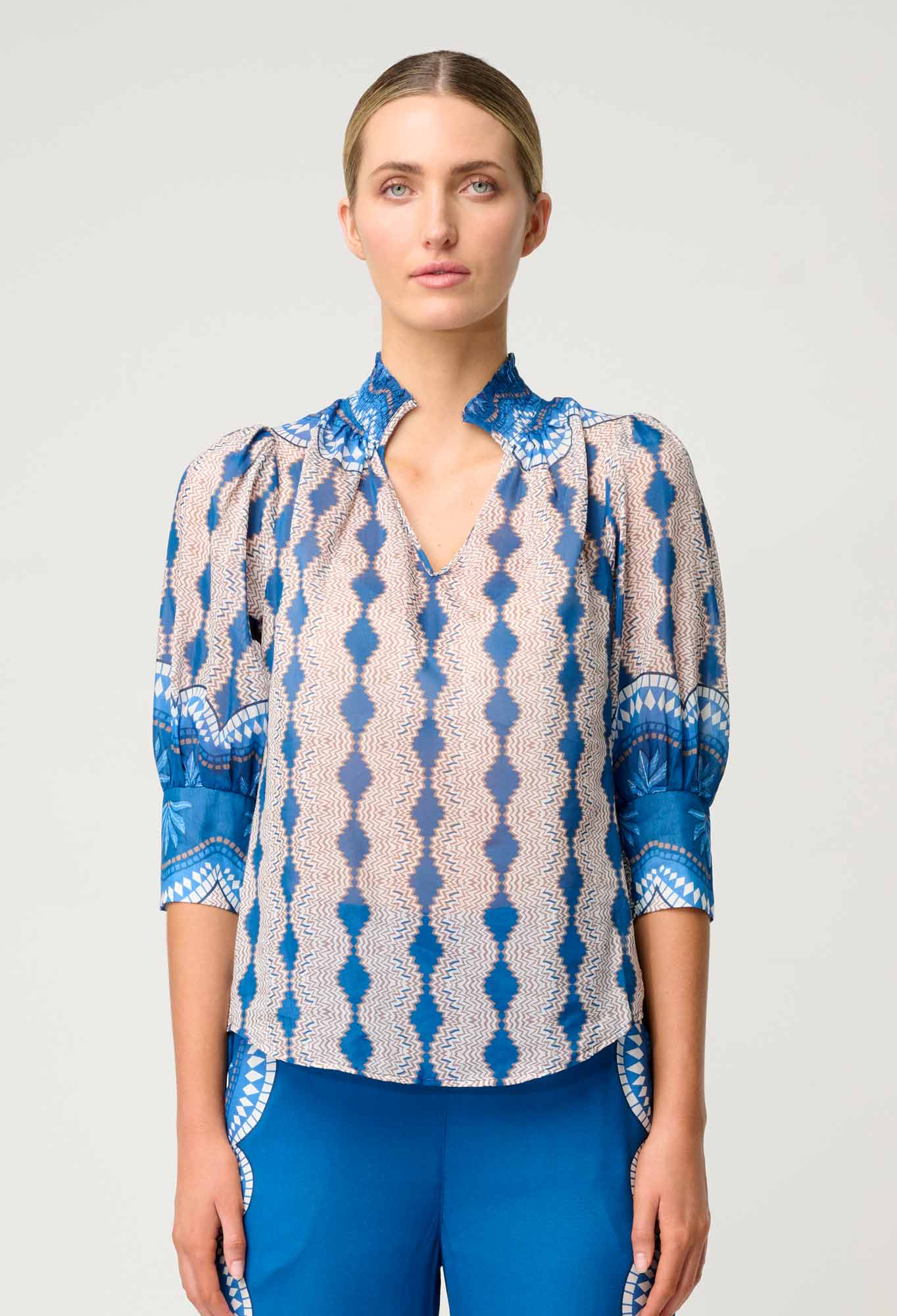 Shop Oncewas Oleander Cotton Silk Blouse in Marrakech Topaz - OnceWas