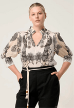 Shop Oncewas Oleander Cotton Silk Shirred Blouse in Imperial Stone - OnceWas