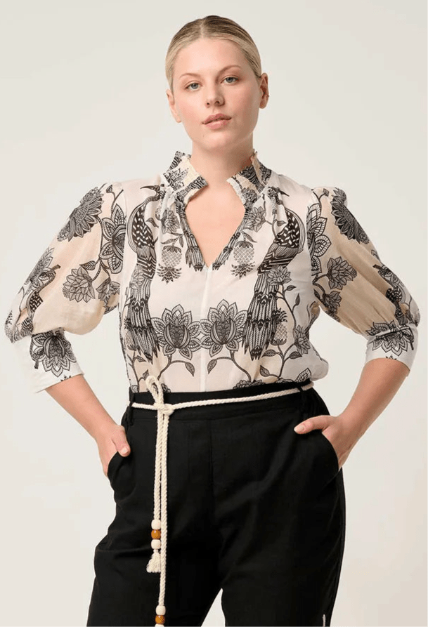 Shop Oncewas Oleander Cotton Silk Shirred Blouse in Imperial Stone - OnceWas