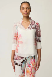 Shop Oncewas Oleander Cotton Silk Shirred Blouse in Nautilus Bloom - OnceWas