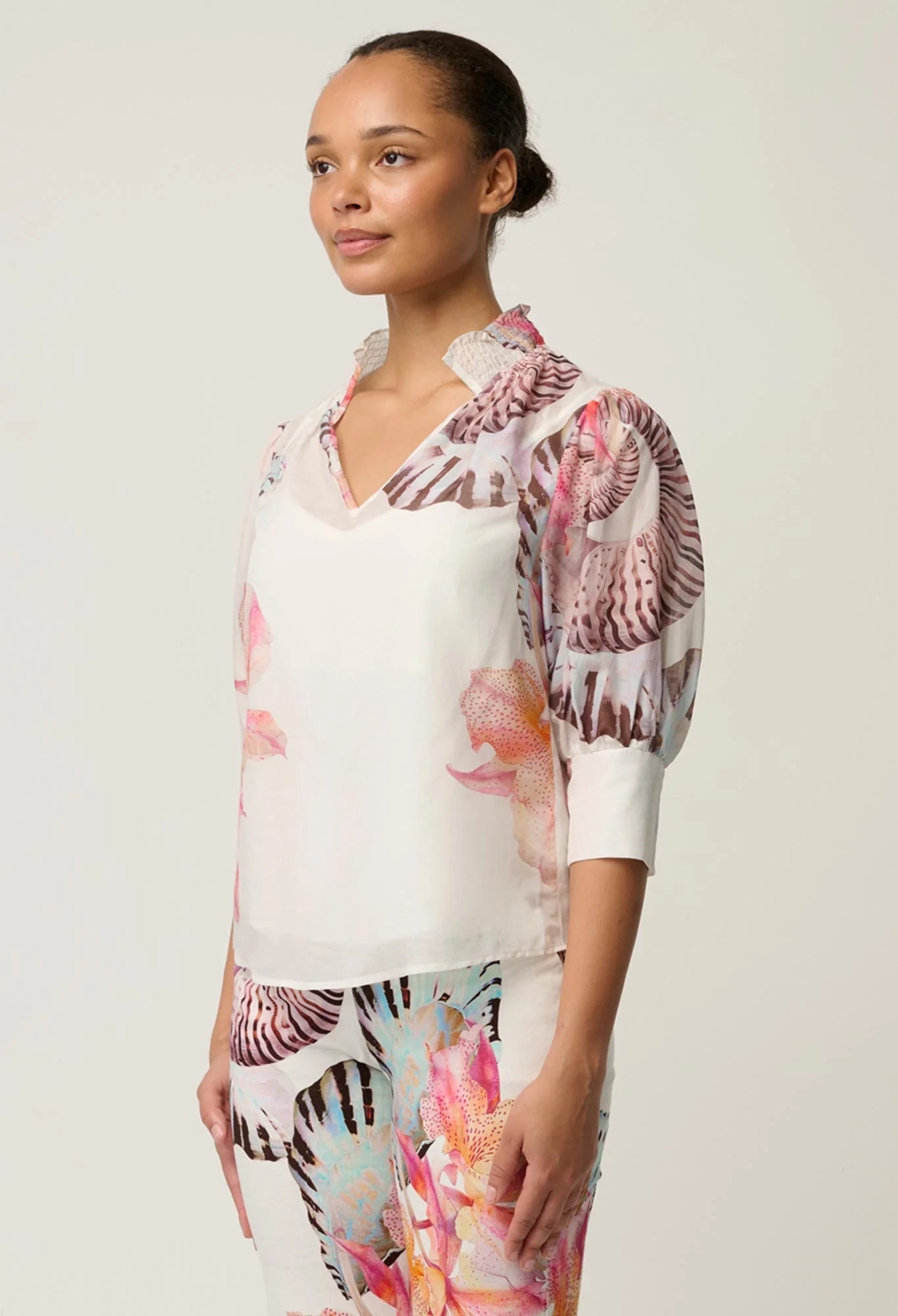 Shop Oncewas Oleander Cotton Silk Shirred Blouse in Nautilus Bloom - OnceWas