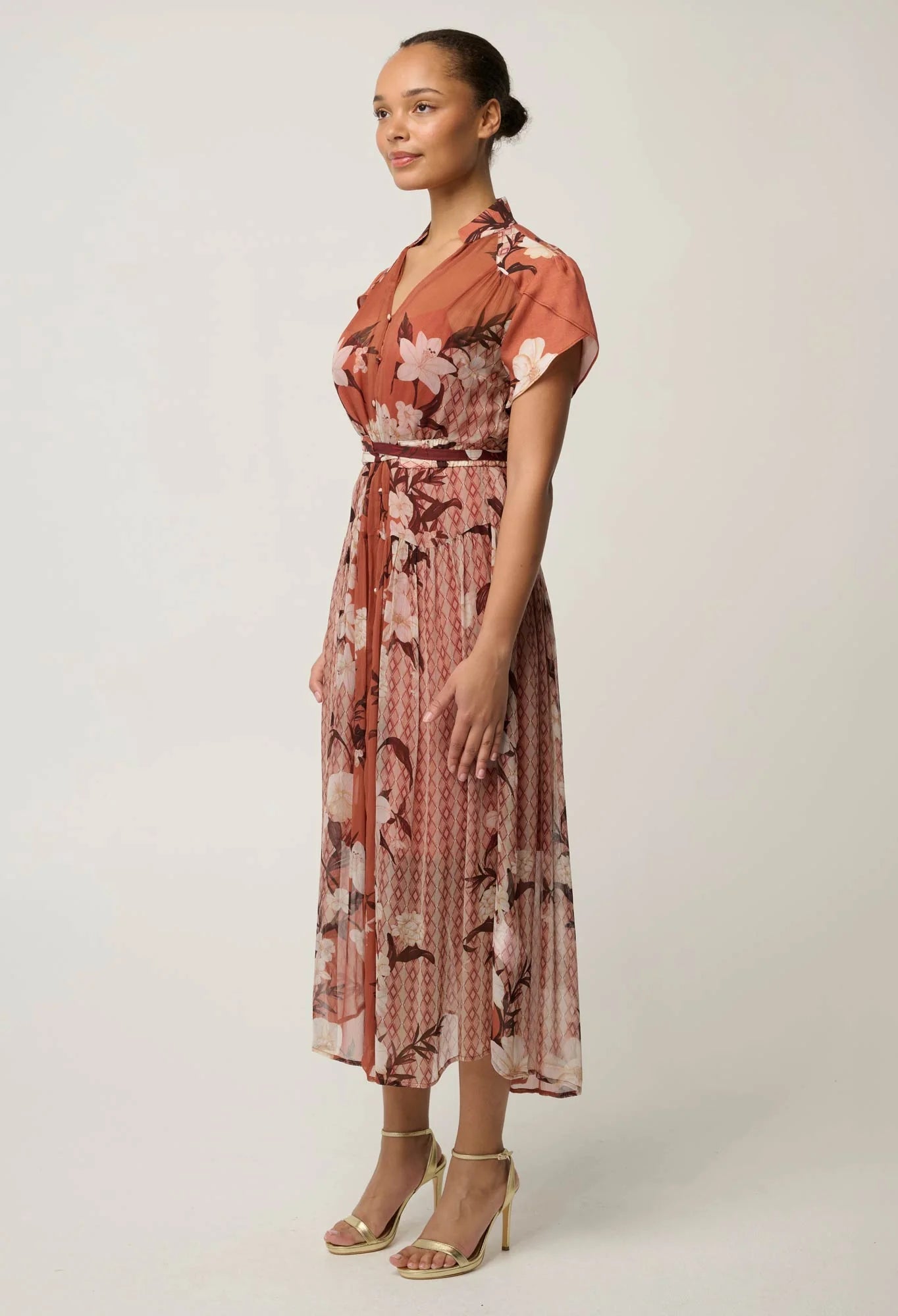 Shop Oncewas Perla Sheer Viscose Print Dress in Amber Vine - OnceWas