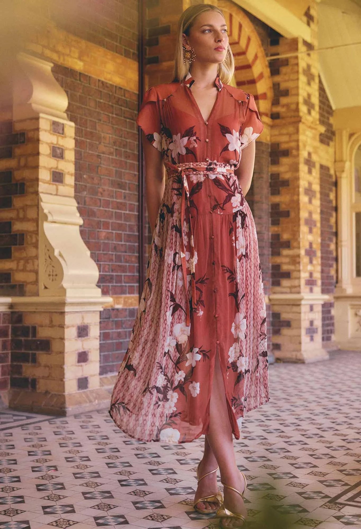 Shop Oncewas Perla Sheer Viscose Print Dress in Amber Vine - OnceWas