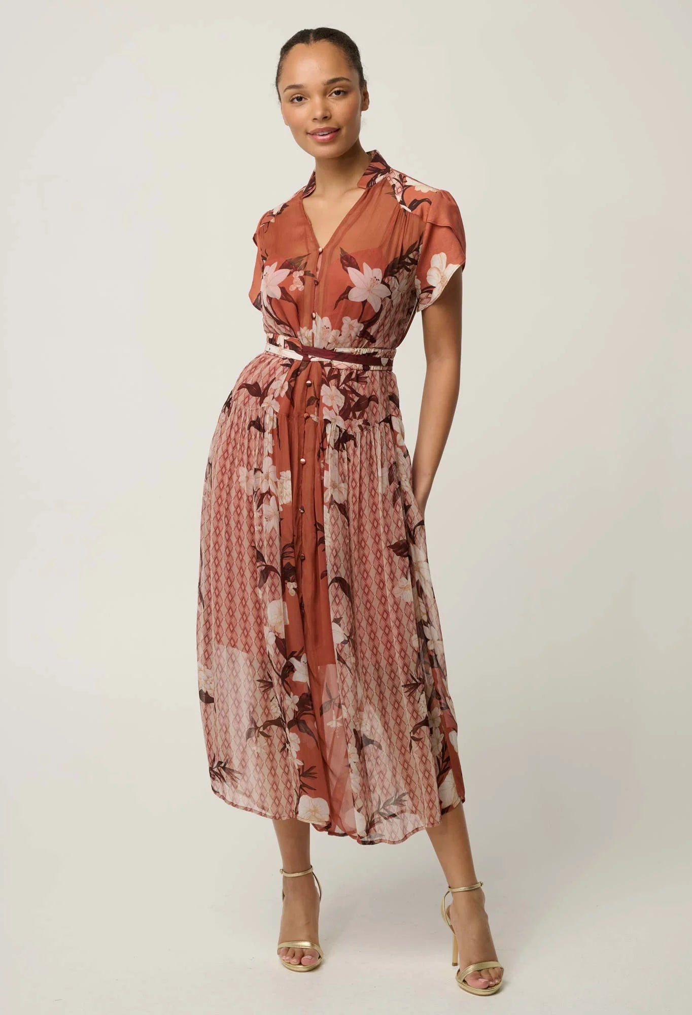 Shop Oncewas Perla Sheer Viscose Print Dress in Amber Vine - OnceWas