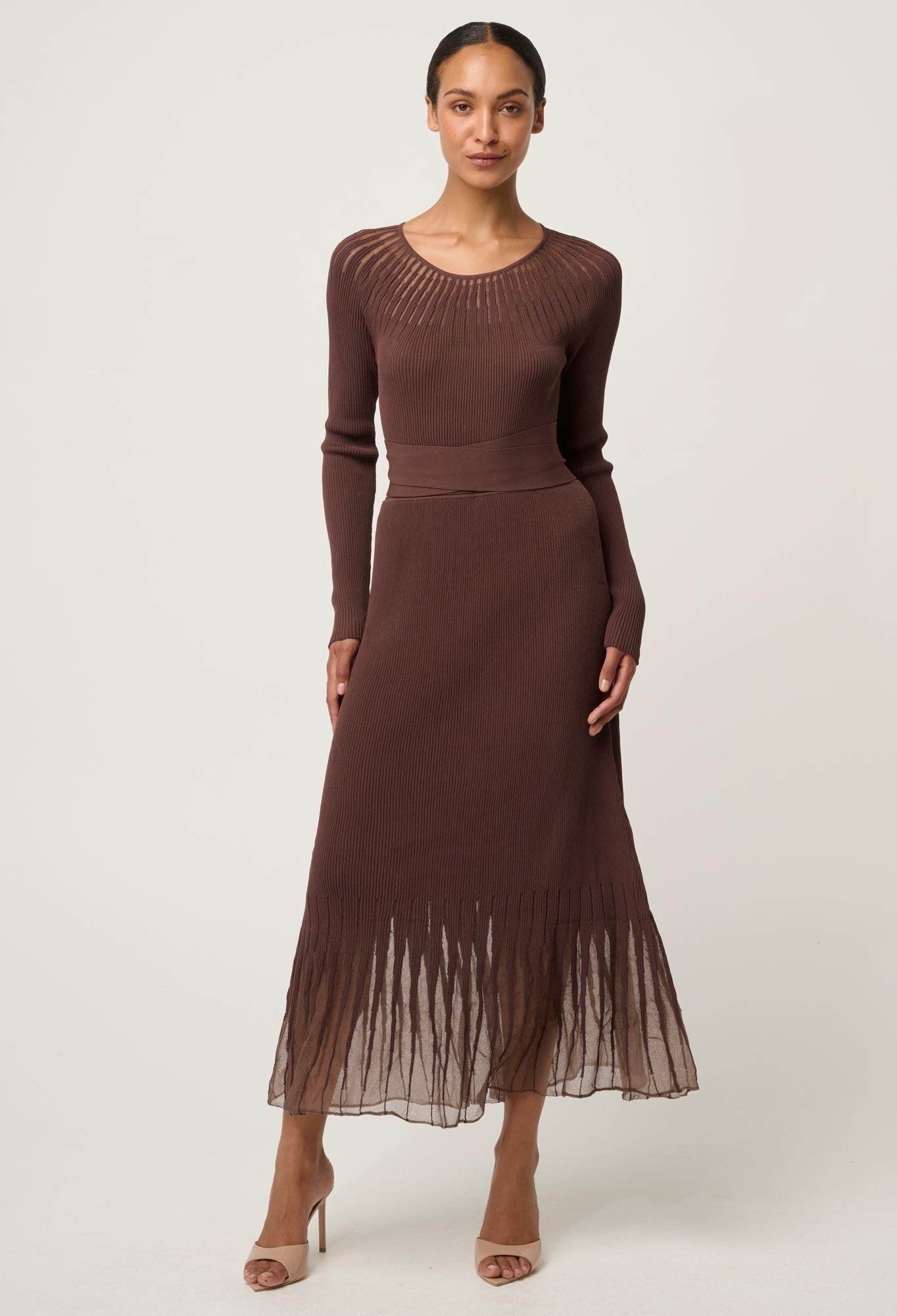 Shop Oncewas Rhiannon Viscose Nylon Sheer Neckline Knit Dress in Mocha - OnceWas