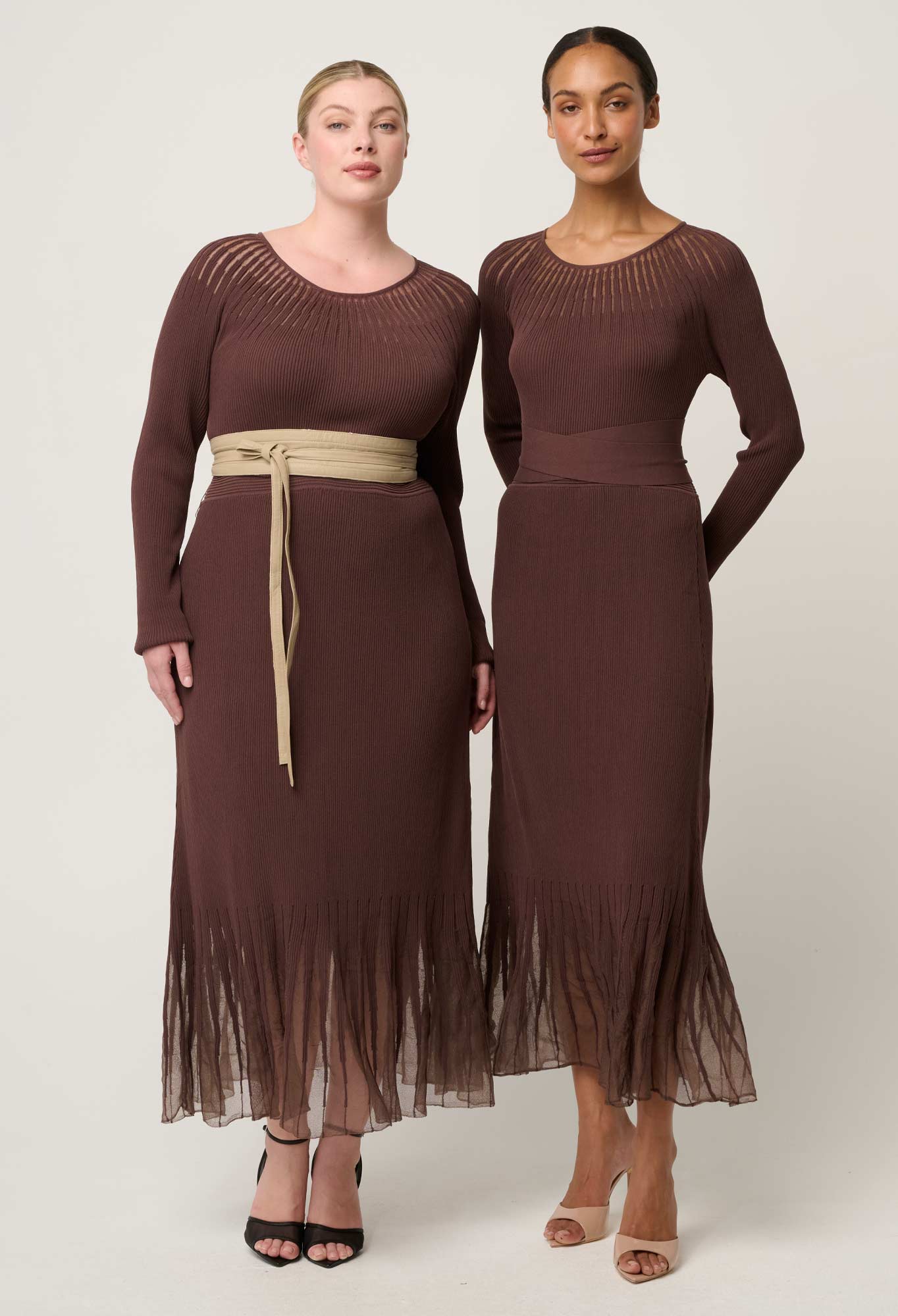 Shop Oncewas Rhiannon Viscose Nylon Sheer Neckline Knit Dress in Mocha - OnceWas