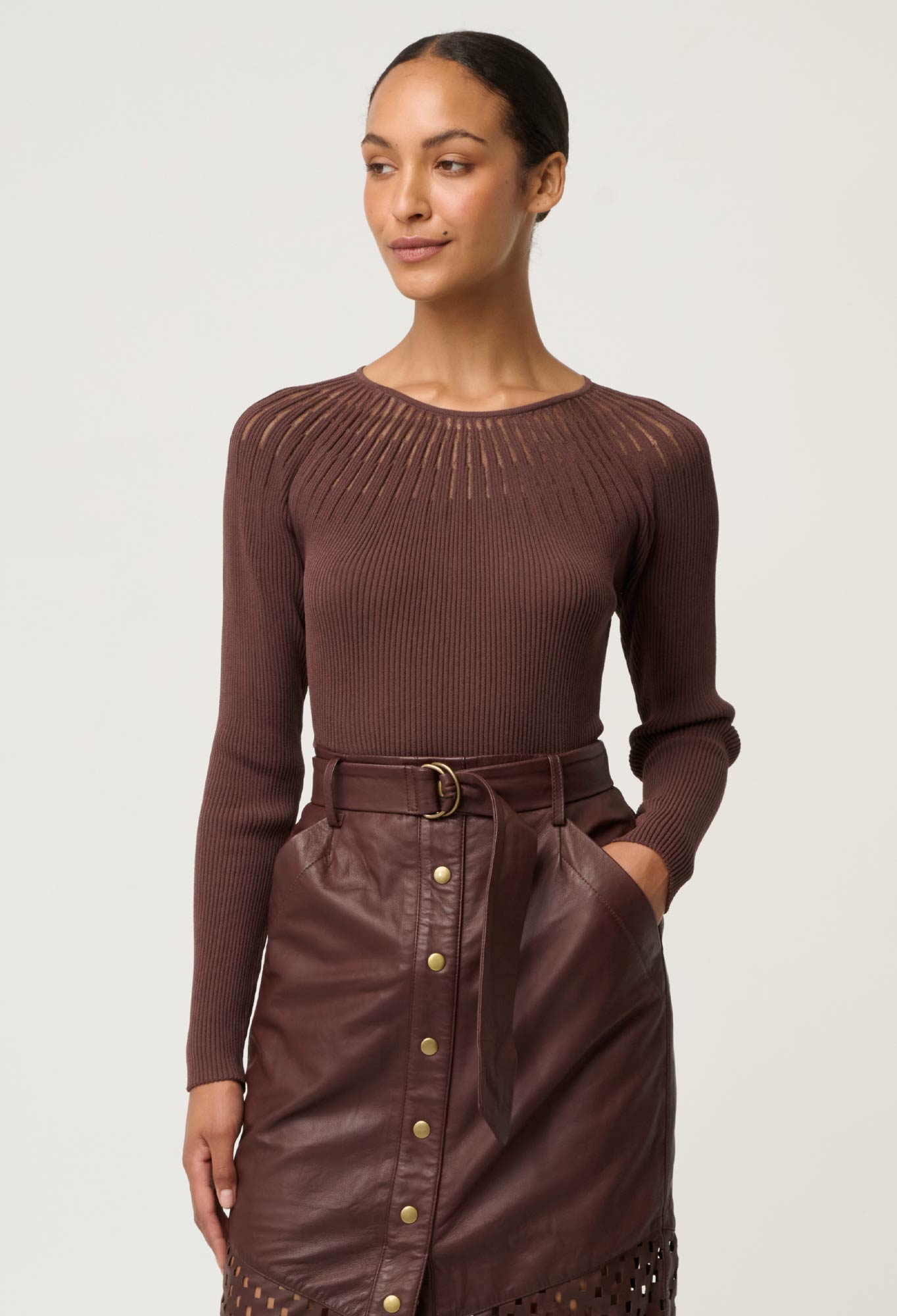 Shop Oncewas Rhiannon Viscose Nylon Sheer Neckline Knit Top in Mocha - OnceWas