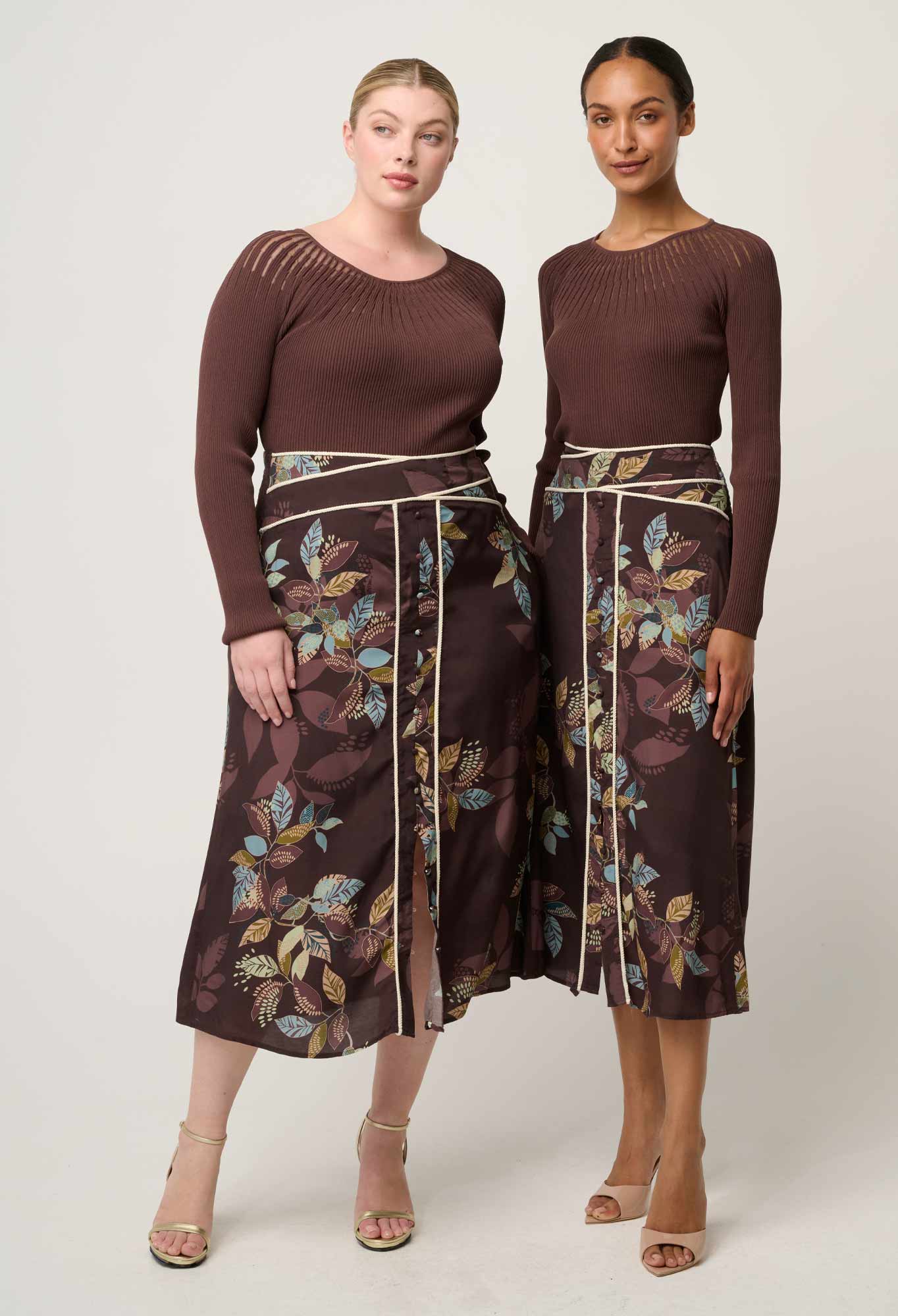 Shop Oncewas Rhiannon Viscose Nylon Sheer Neckline Knit Top in Mocha - OnceWas