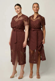 Shop Oncewas Solene Cotton Blend Lace Short Sleeve Top in Rosewood - OnceWas