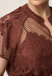 Shop Oncewas Solene Cotton Blend Lace Short Sleeve Top in Rosewood - OnceWas