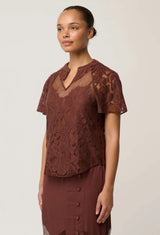 Oncewas Solene Cotton Blend Lace Short Sleeve Top in Rosewood