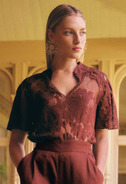 Shop Oncewas Solene Cotton Blend Lace Short Sleeve Top in Rosewood - OnceWas