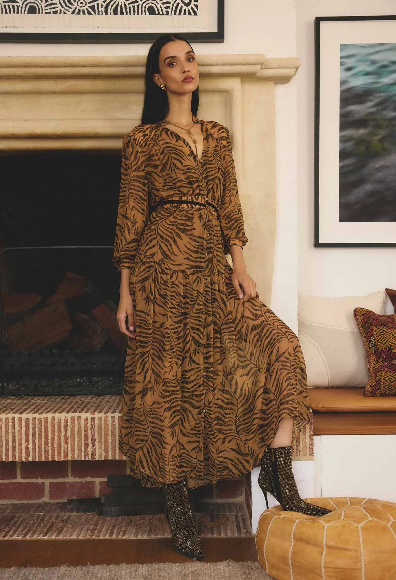 Shop Oncewas Solene Sheer Viscose Midi Dress in Exotica - OnceWas