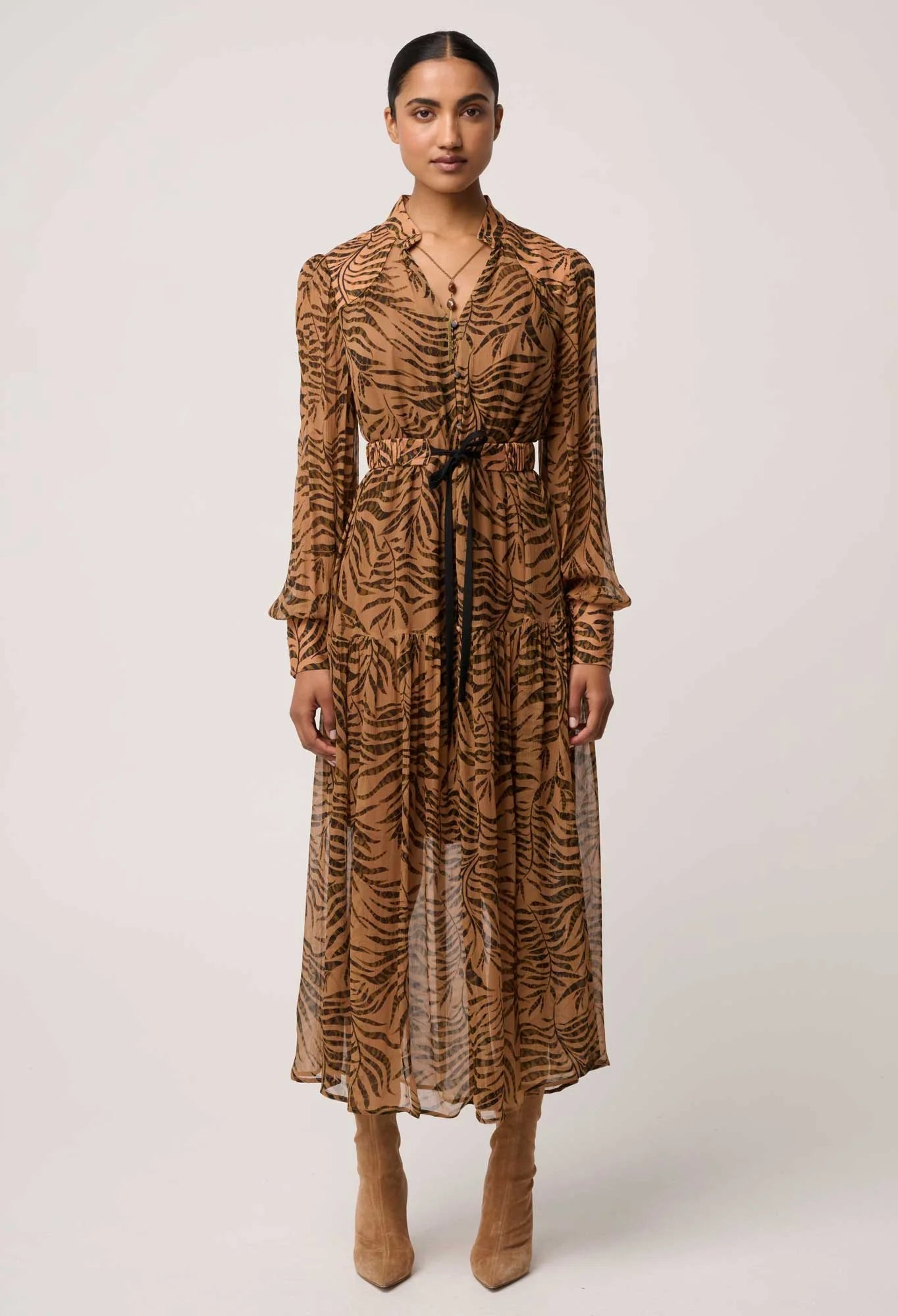 Shop Oncewas Solene Sheer Viscose Midi Dress in Exotica - OnceWas