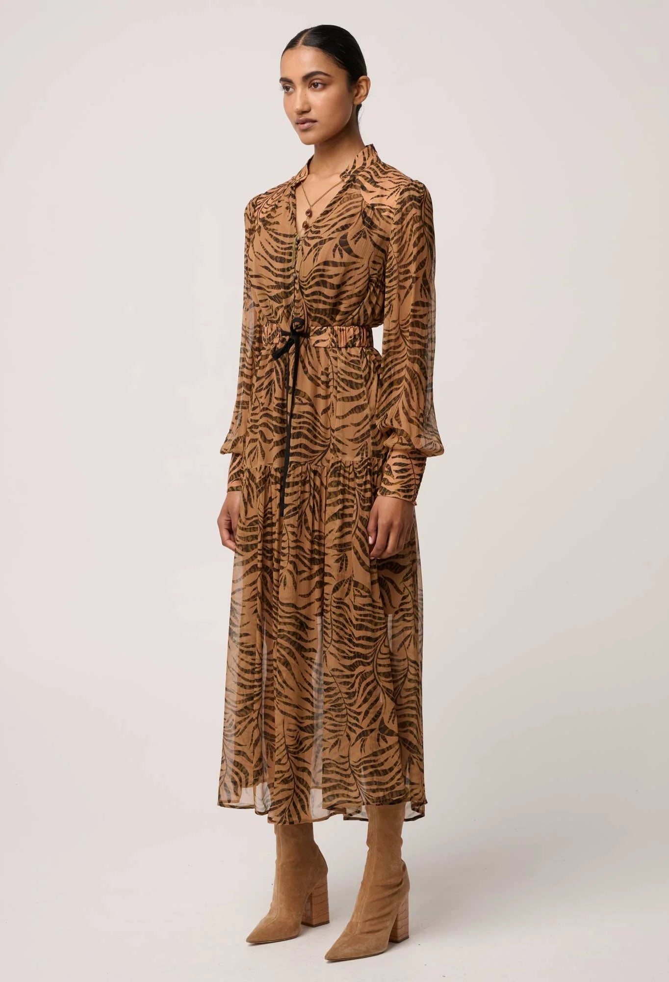 Shop Oncewas Solene Sheer Viscose Midi Dress in Exotica - OnceWas