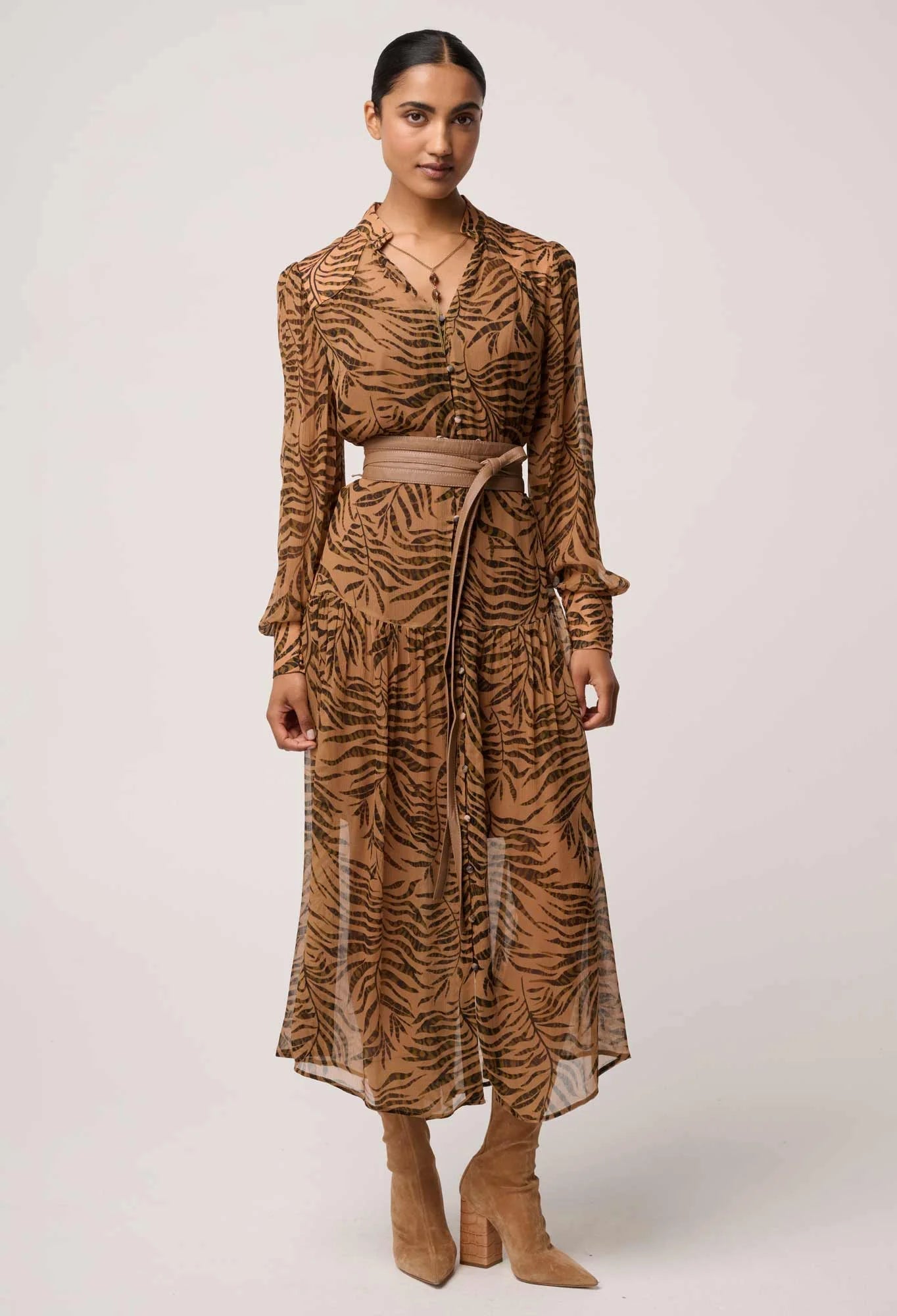 Shop Oncewas Solene Sheer Viscose Midi Dress in Exotica - OnceWas