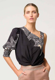 Shop Oncewas Tahani One Sleeve Viscose Top in Onyx Casablanca - OnceWas