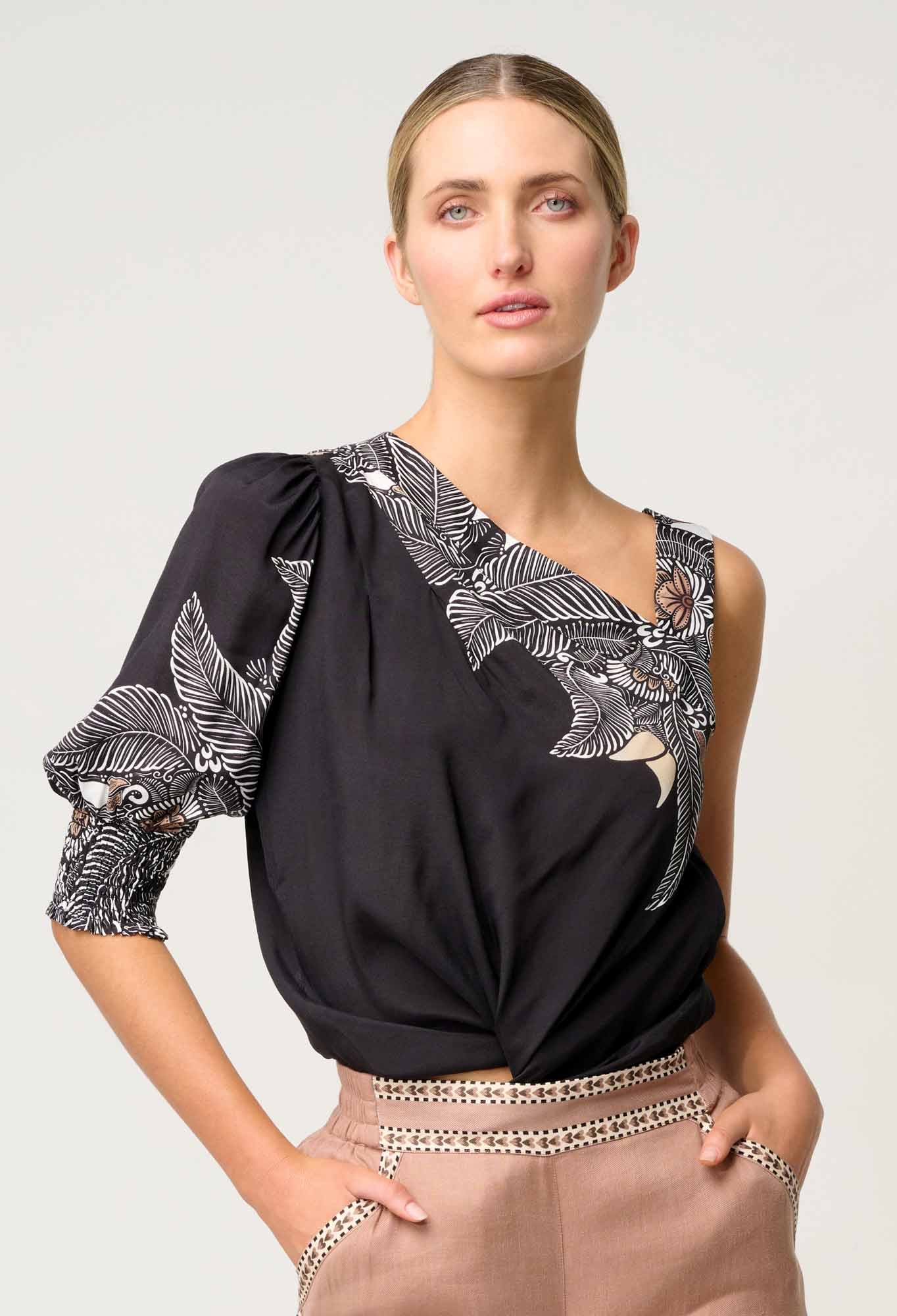 Shop Oncewas Tahani One Sleeve Viscose Top in Onyx Casablanca - OnceWas