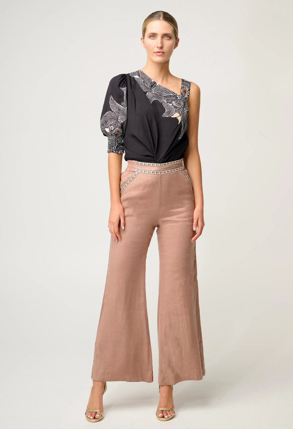 Shop Oncewas Tahani One Sleeve Viscose Top in Onyx Casablanca - OnceWas