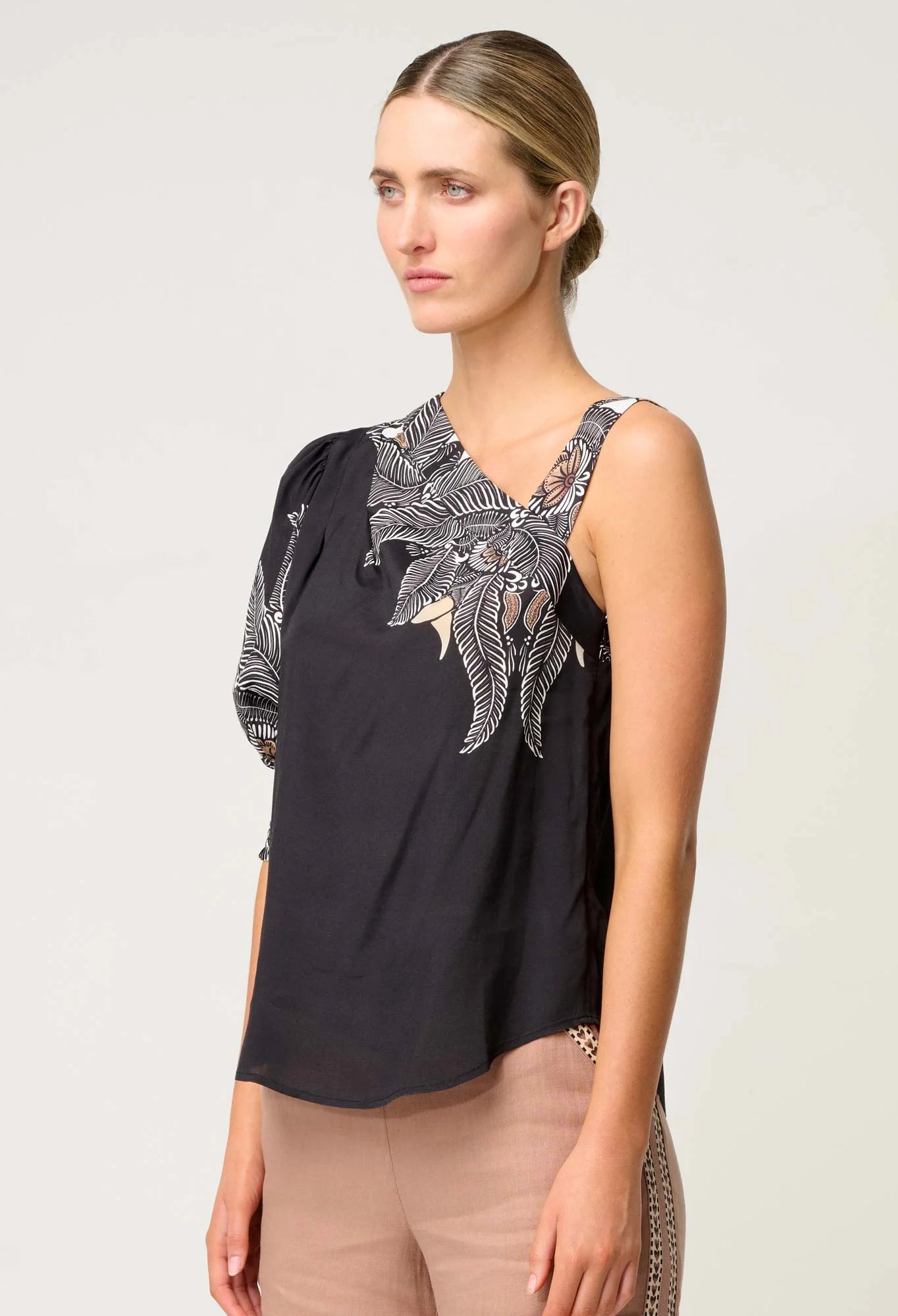 Shop Oncewas Tahani One Sleeve Viscose Top in Onyx Casablanca - OnceWas