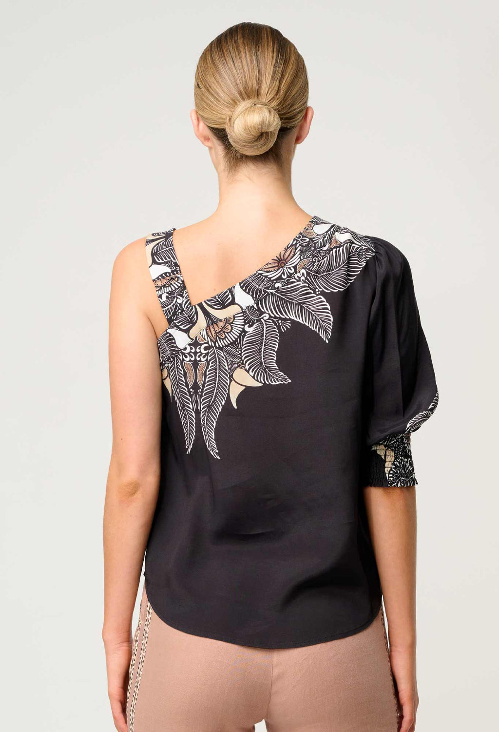 Shop Oncewas Tahani One Sleeve Viscose Top in Onyx Casablanca - OnceWas