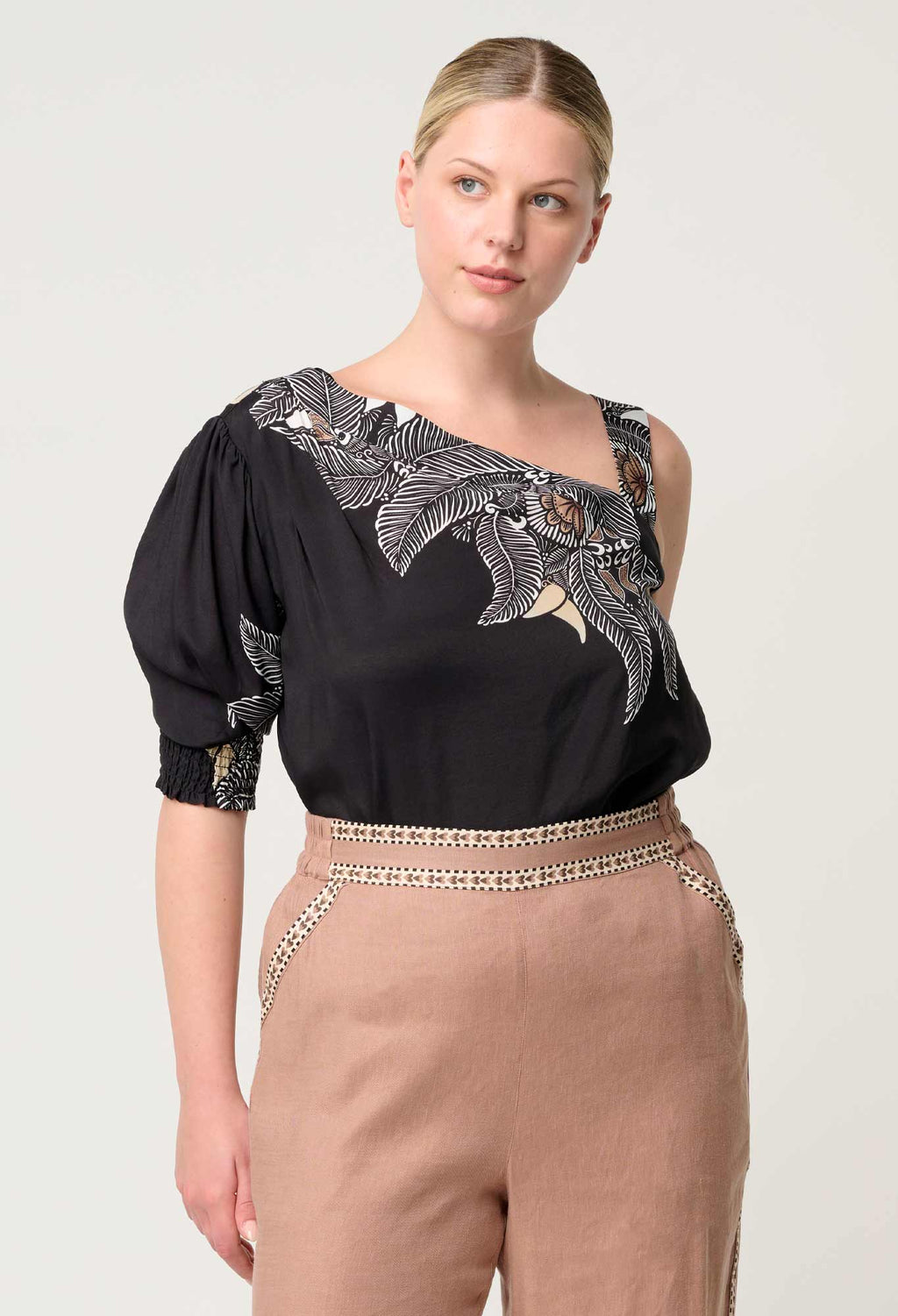 Shop Oncewas Tahani One Sleeve Viscose Top in Onyx Casablanca - OnceWas