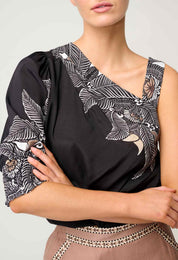 Shop Oncewas Tahani One Sleeve Viscose Top in Onyx Casablanca - OnceWas