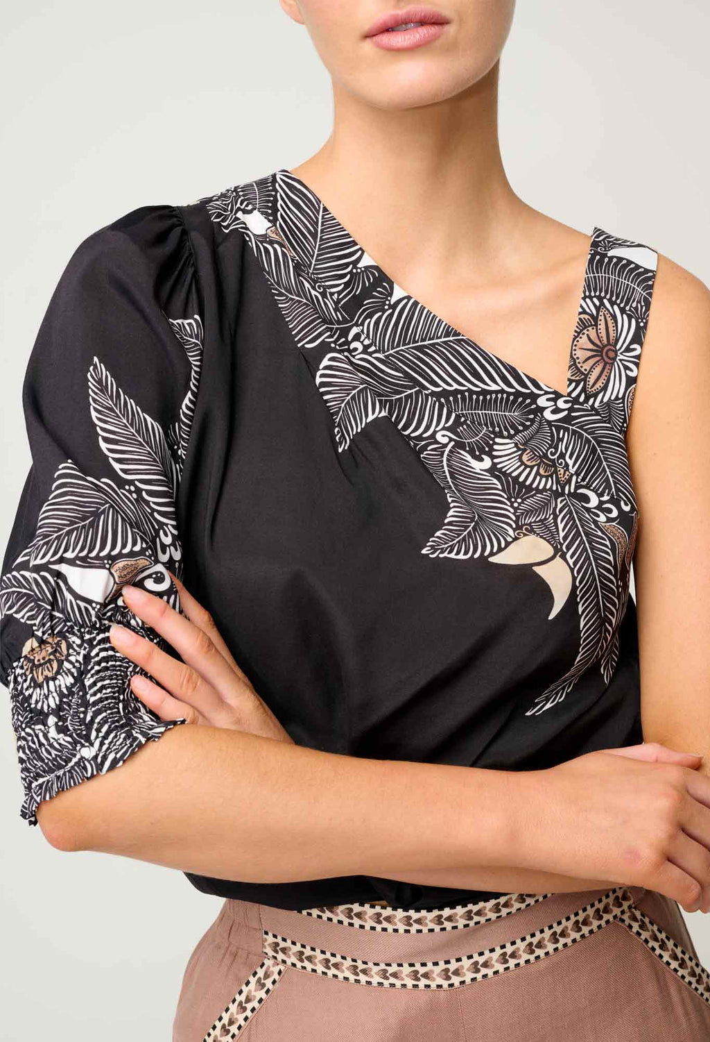 Shop Oncewas Tahani One Sleeve Viscose Top in Onyx Casablanca - OnceWas