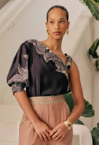 Shop Oncewas Tahani One Sleeve Viscose Top in Onyx Casablanca - OnceWas