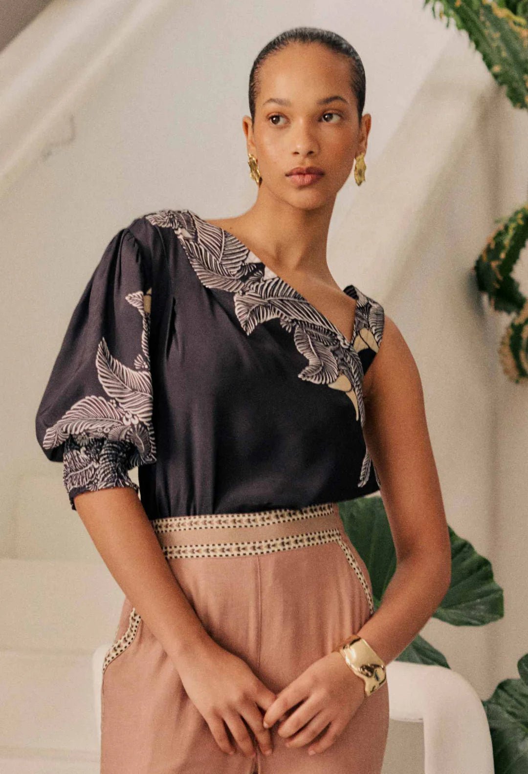 Shop Oncewas Tahani One Sleeve Viscose Top in Onyx Casablanca - OnceWas