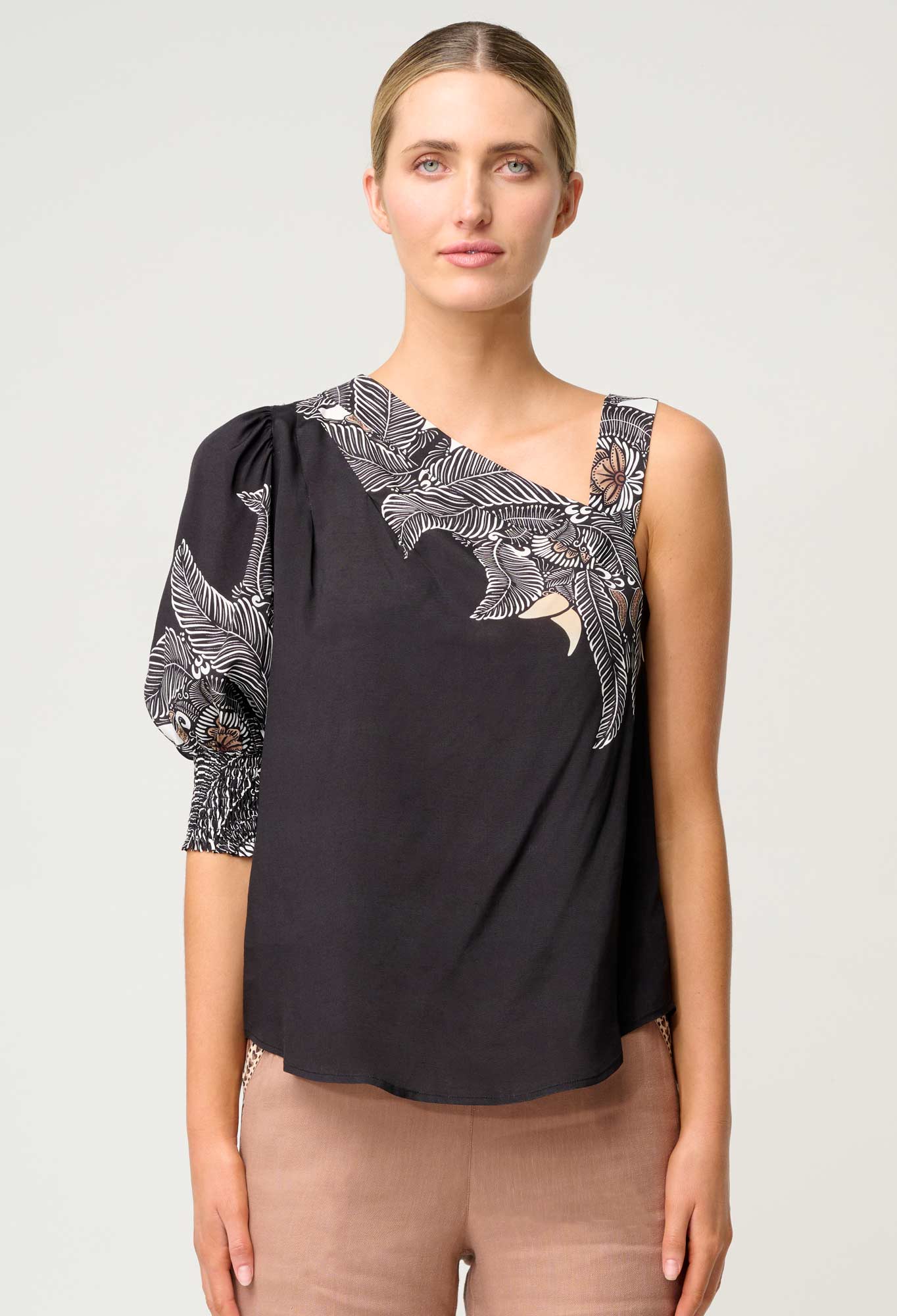 Shop Oncewas Tahani One Sleeve Viscose Top in Onyx Casablanca - OnceWas